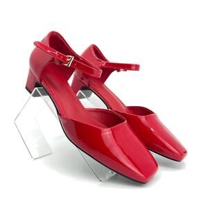 Coutgo Women 9.5 Red Patent D'Orsay Pumps Ankle Strap Low Block Heels